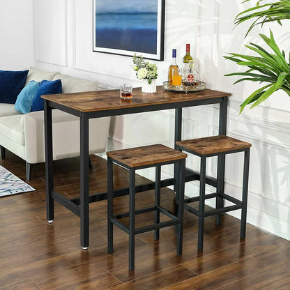Adouer Wood "Rustic Brown and Black Bar Table Set with Two Matching Stools"