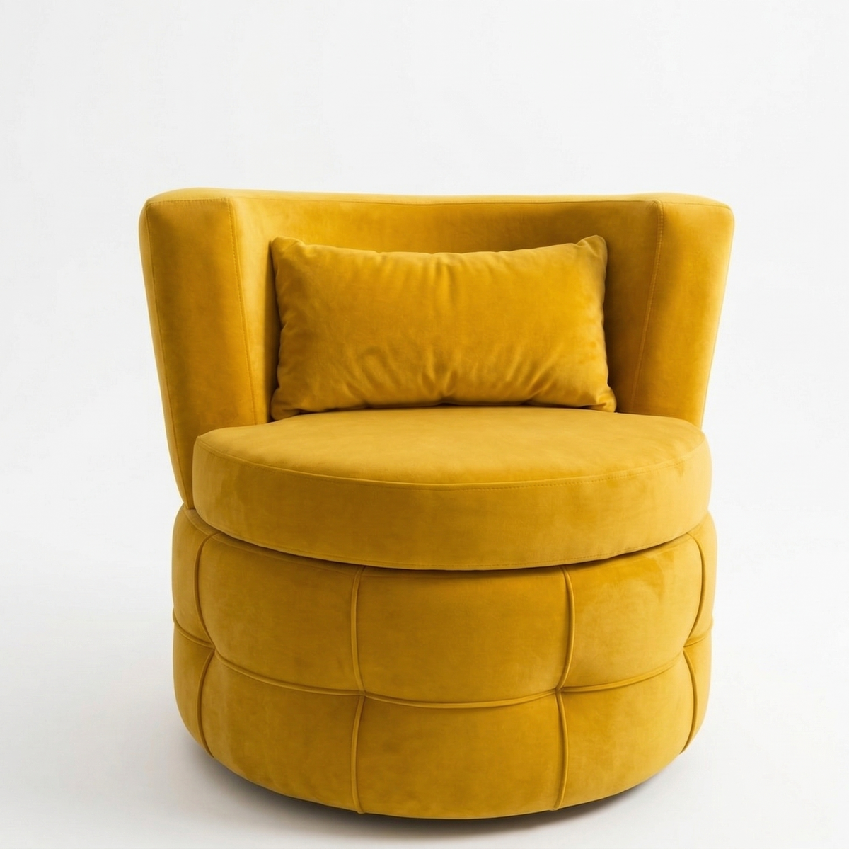 Yellow velvet armchair with a pillow on a white background