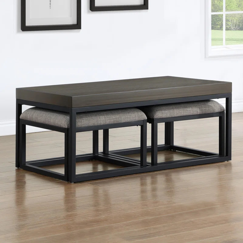 ADOUER WOOD Solid Sheesham Wood Rectangle Top And Metal Frame Coffee Table With 2 Setting Stool