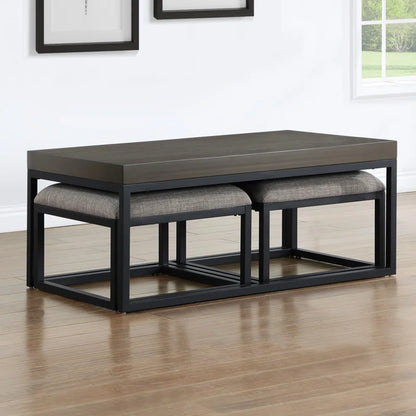 ADOUER WOOD Solid Sheesham Wood Rectangle Top And Metal Frame Coffee Table With 2 Setting Stool