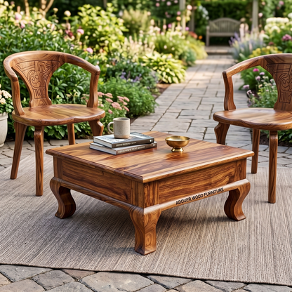 A square wooden coffee table with carved details and two matching wooden armchairs in a garden patio setting. The table has 'adouer WOOD FURNITURE' engraved on the front, and books and a small brass bowl sit on top.