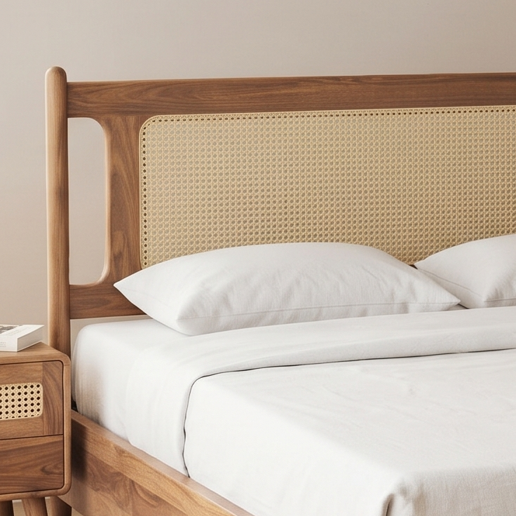 A close-up of a wooden bed frame with a woven cane headboard, styled with white bedding and pillows, next to a matching wooden nightstand.