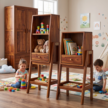 Adouer Wood Solid Wood Standing Bookshelf Unit with Storage Drawer & Bottom Shelf ( Set Of 2 Pcs ) – Mid-Century Modern Freestanding Display Rack & Nightstand