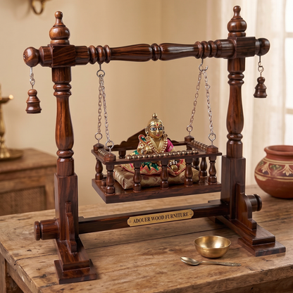 Carved Krishna Palana for Pooja Room I  Handcrafted Wooden Laddu Gopal Jhula