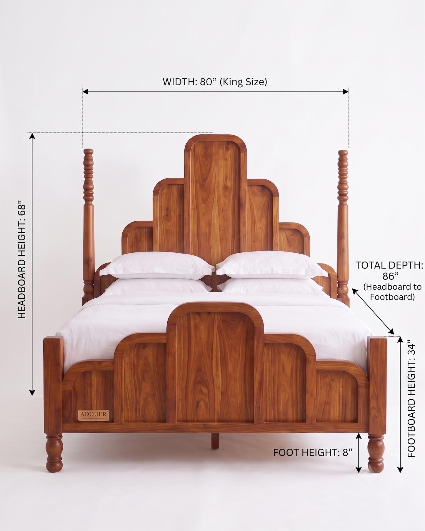 ADOUER WOOOD Solid Wood Art Deco Four-Poster Bed Frame – Mid-Century Modern Arch Panel