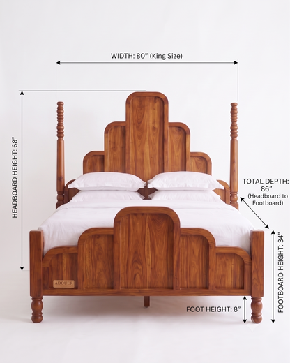 ADOUER WOOOD Solid Wood Art Deco Four-Poster Bed Frame – Mid-Century Modern Arch Panel