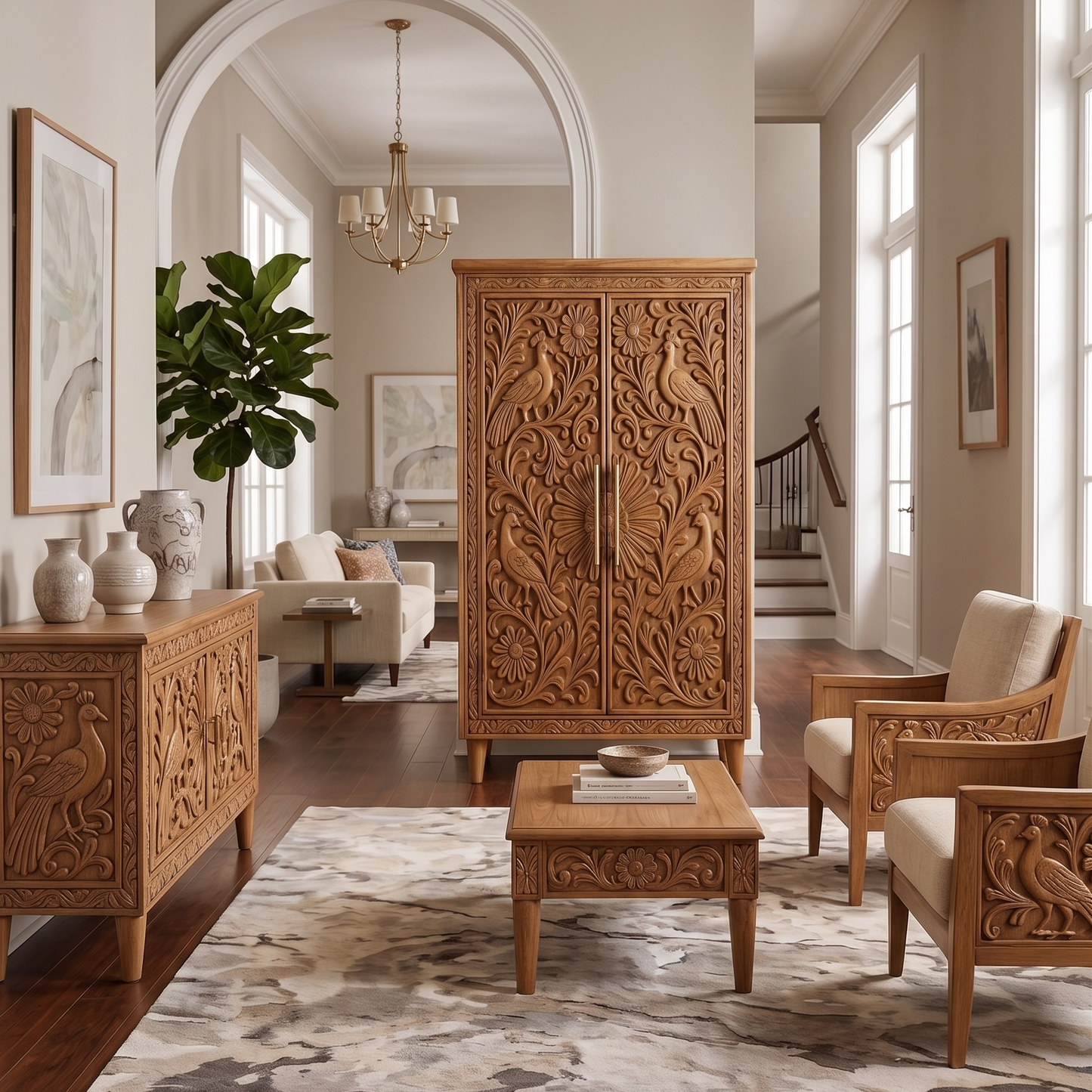 A beautifully styled living room featuring a large, ornate carved wooden cabinet in the center, flanked by matching carved wooden armchairs and a sideboard. The room has warm beige walls, arched doorways, hardwood floors, and a patterned rug.