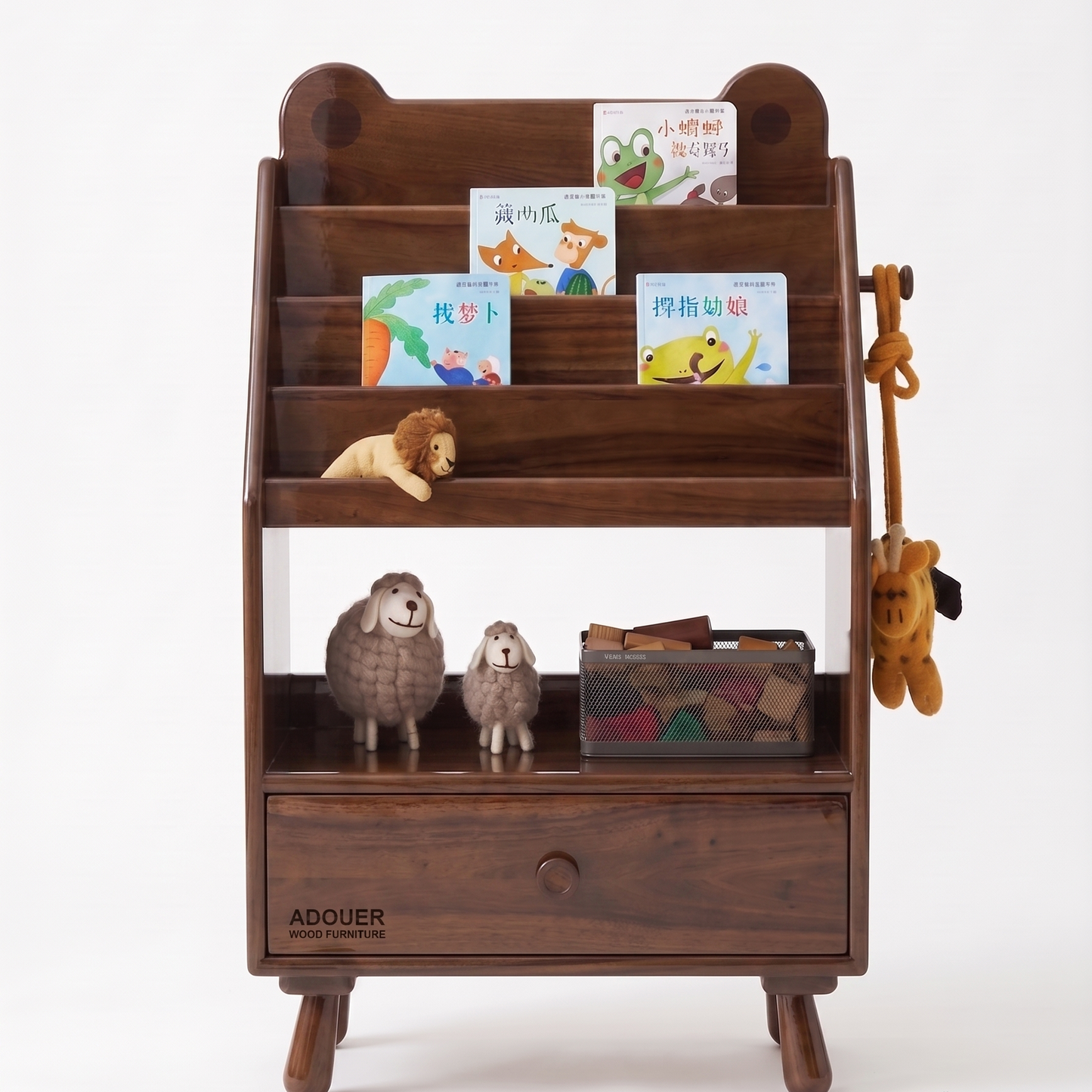 ADOUER WOOD Wooden Bear-Eared Nursery Bookshelf & Bedside Table with Storage Drawer