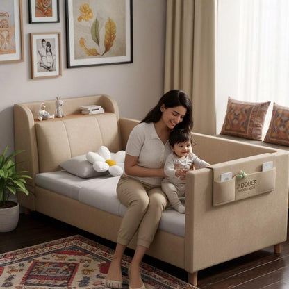 ADOUER WOOD KIDS Upholstered Baby Cot – Modern Padded Toddler Bed with Built-in Headboard Bookshelf and Side Storage Pockets