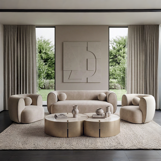 Modern living room with beige sofa, armchairs, and coffee table in a well-lit room.