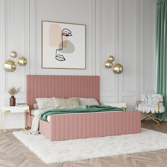 Adouer Wood "Luxury Pink Velvet Upholstered Bed with Channel Tufting and Modern Design