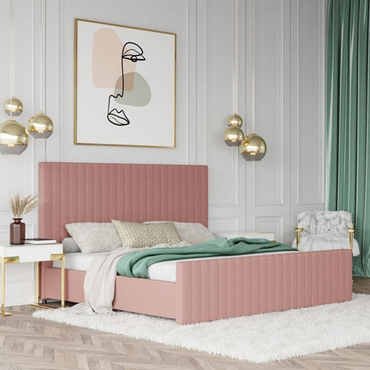 Adouer Wood "Luxury Pink Velvet Upholstered Bed with Channel Tufting and Modern Design