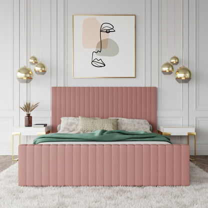 Adouer Wood "Luxury Pink Velvet Upholstered Bed with Channel Tufting and Modern Design