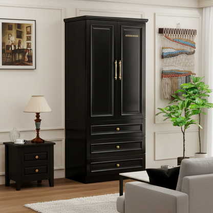 ADOUER WOOD Solid Wood 2-Door Wardrobe – Elegant with 3 Deep Storage Drawers – Traditional Bedroom Almirah with Gold-Tone Hardware