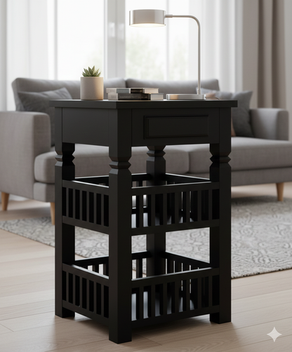 Sheesham 2-Tier Bed Side Table , Narrow End Side Table, Space-Saving Slim Night Stand with Shelf and Drawer Storage