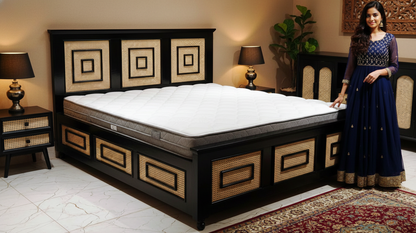 The Heritage Geometric Solid Sheesham Wood  Bed with Rattan Cane Inlay with Integrated Box Storage