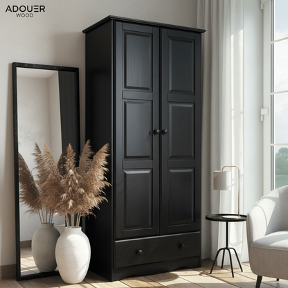 ADOUER WOOD Solid Wood Wardrobe Cabinet | Lockable 2-Door Almirah with Integrated Drawer