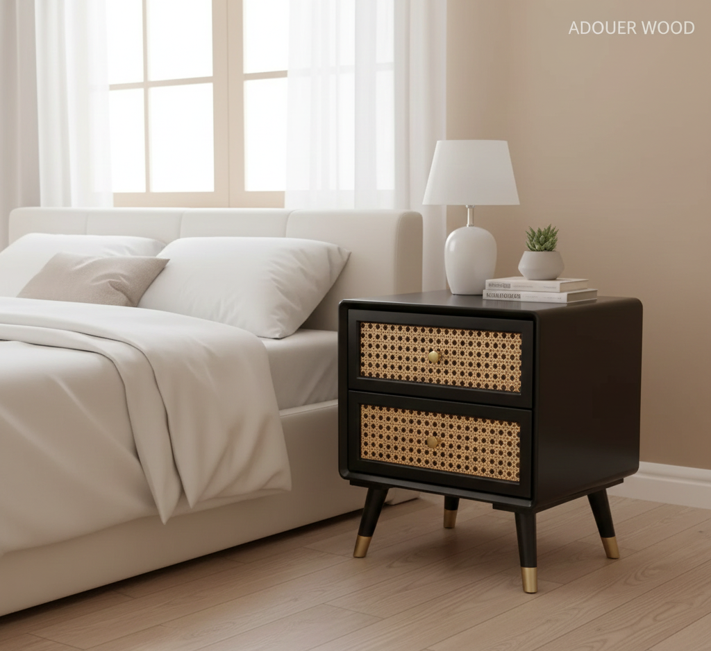 Solid Wood Bedside Table with 2 Rattan Drawers Mid Century Night Stand for Living Room, Bedroom