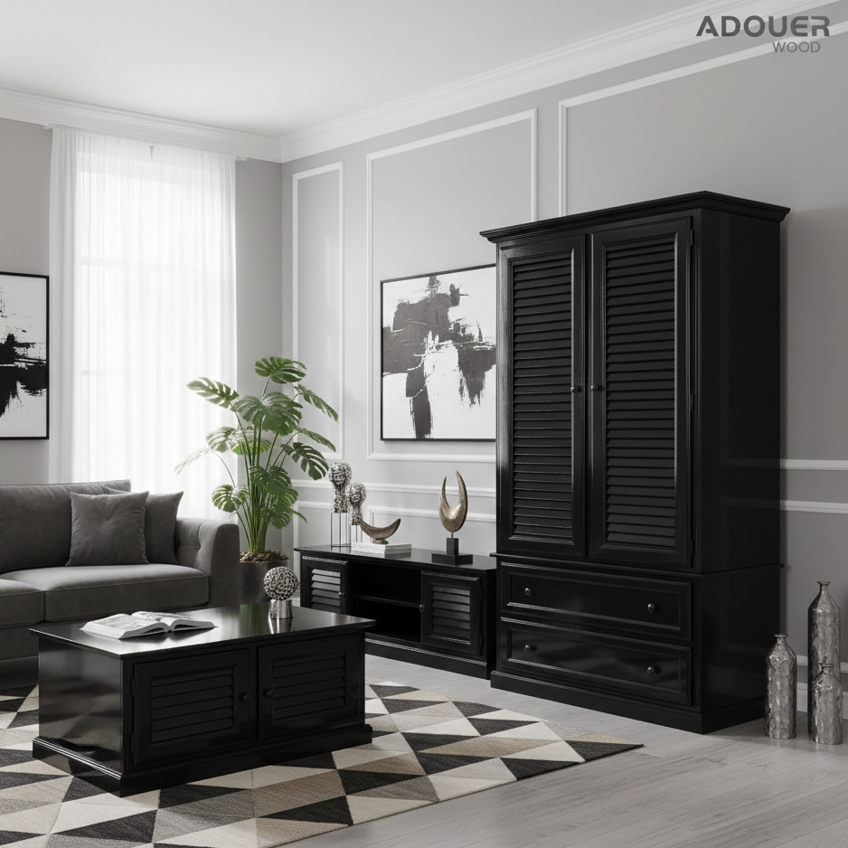 ADOUER WOOD Solid Wood 2-Door Wardrobe – Louvered Shutter Door Armoire with 2 Deep Storage Drawers – Breathable Design Almirah