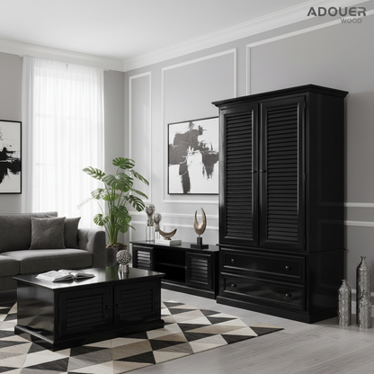 ADOUER WOOD Solid Wood 2-Door Wardrobe – Louvered Shutter Door Armoire with 2 Deep Storage Drawers – Breathable Design Almirah