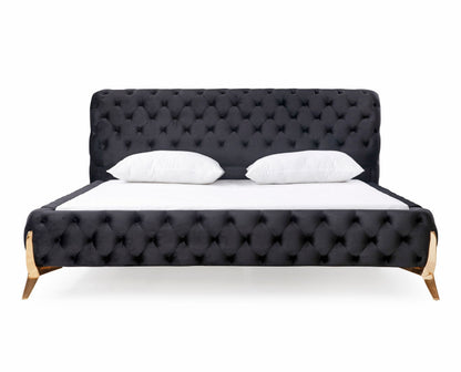Adouer Wood "Modern Tufted Velvet Upholstered Bed with Gold Legs – Luxurious and Elegant Design"