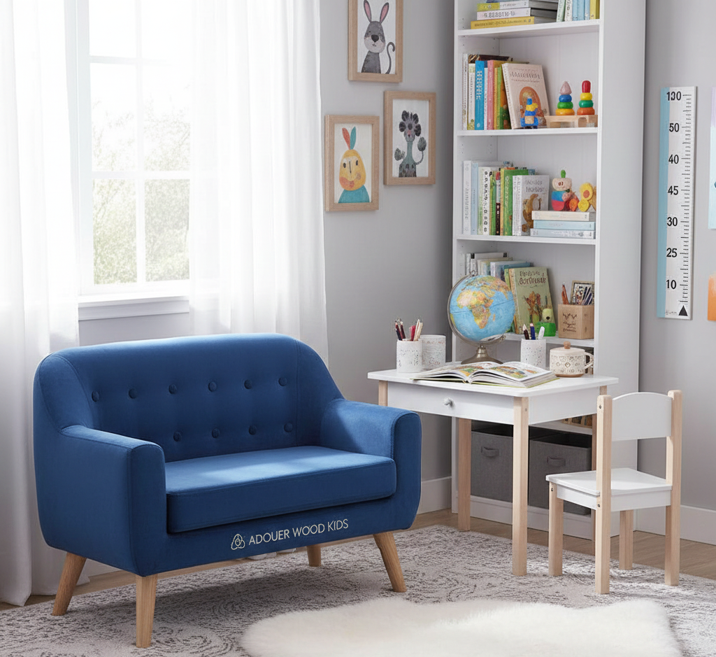 ADOUER WOOD KIDS  Velvet -2-Seater Sofa – Mid-Century Modern Tufted Toddler Loveseat with Natural Wood Legs