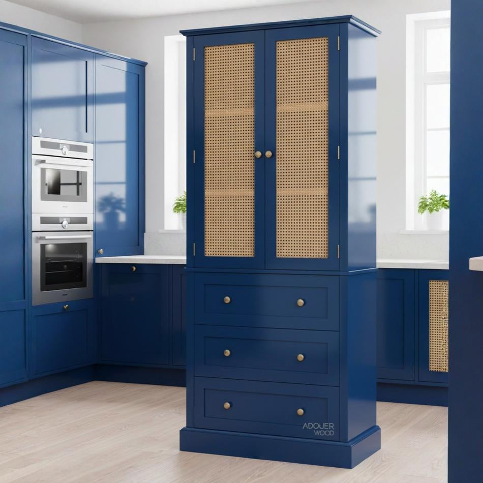 ADOUER WOOD  Solid Wood Kitchen Pantry with Rattan Doors, 3 Storage Drawers and Adjustable Shelves