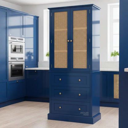 ADOUER WOOD  Solid Wood Kitchen Pantry with Rattan Doors, 3 Storage Drawers and Adjustable Shelves