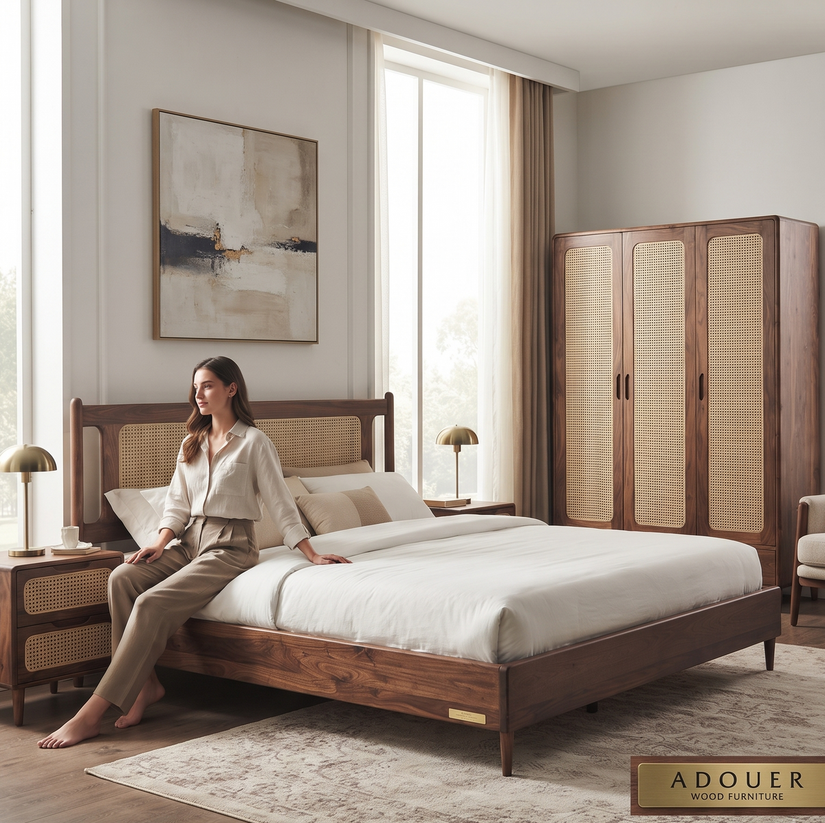 A woman sits on a wooden bed in a styled bedroom featuring a matching wooden wardrobe with cane doors, bedside tables, lamps, and a neutral-toned rug. The brand name ADOUER WOOD FURNITURE appears in the bottom right corner.