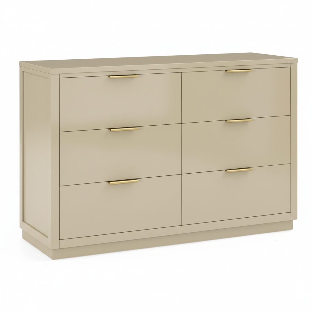 ADOUER WOOD Solid Wood 6-Drawer Kids Double Dresser – Natural Horizontal Chest of Drawers with Gold Hardware