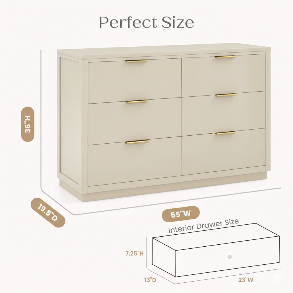 ADOUER WOOD Solid Wood 6-Drawer Kids Double Dresser – Natural Horizontal Chest of Drawers with Gold Hardware