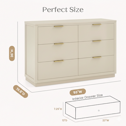 ADOUER WOOD Solid Wood 6-Drawer Kids Double Dresser – Natural Horizontal Chest of Drawers with Gold Hardware