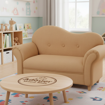 ADOUER WOOD KIDS Linen Wave-Back Mini Loveseat – Elegant Upholstered Children’s Sofa with Button Tufting