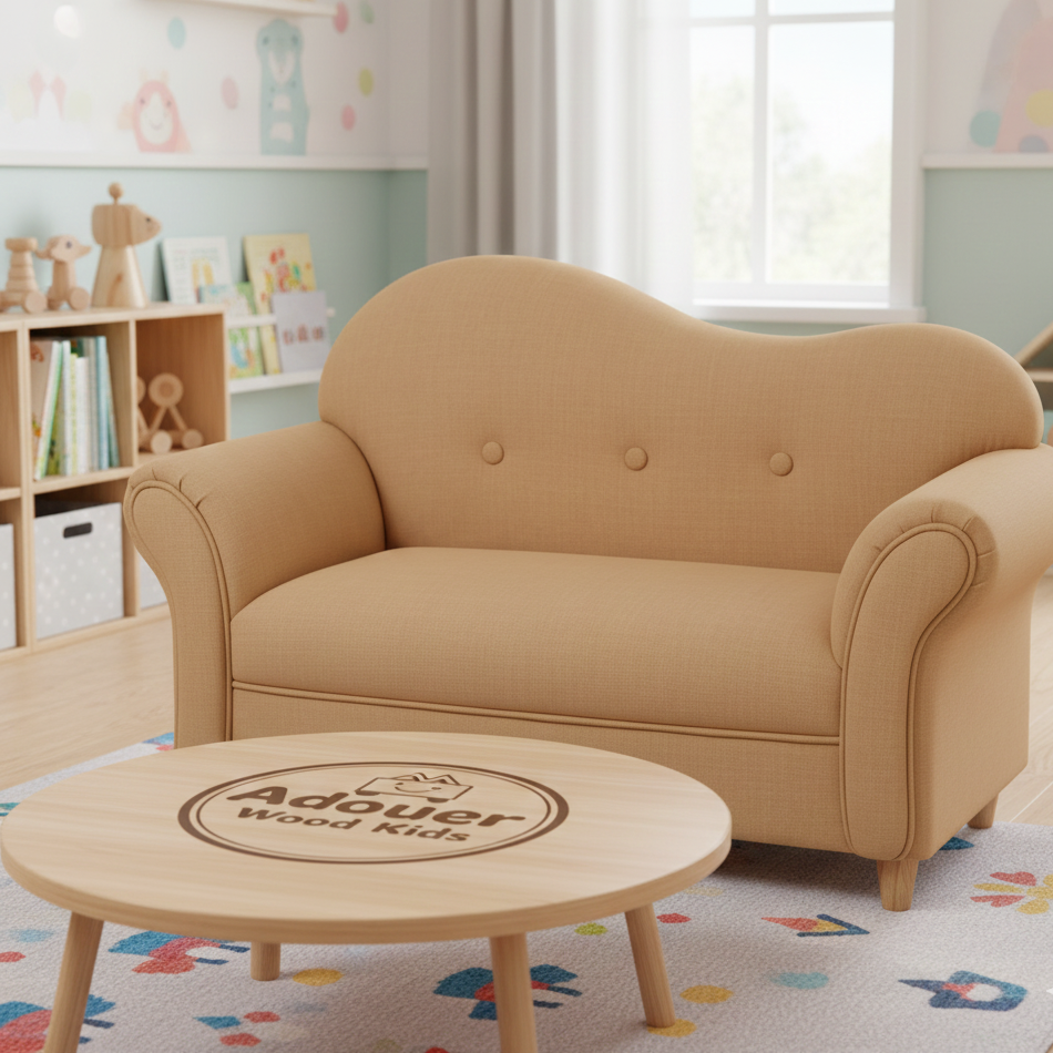 ADOUER WOOD KIDS Linen Wave-Back Mini Loveseat – Elegant Upholstered Children’s Sofa with Button Tufting