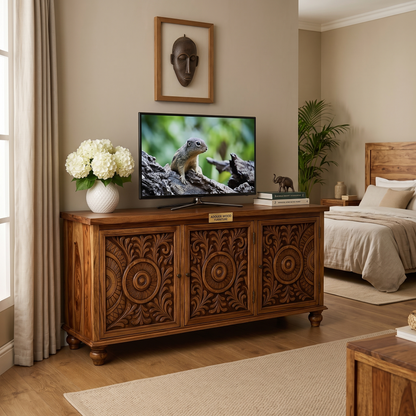 ADOUER WOOD  Verdant Carved Mandala Accent Console I Side Board I TV Unit