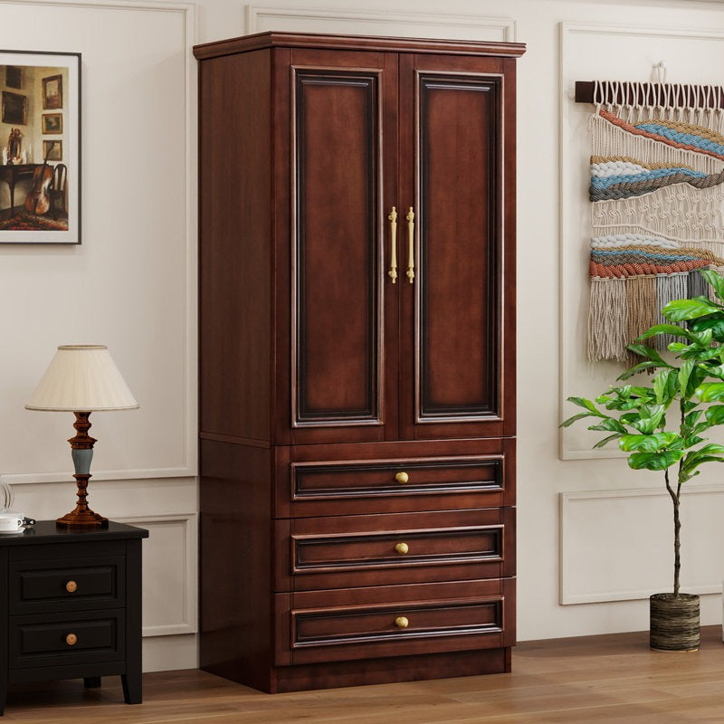ADOUER WOOD Solid Wood 2-Door Wardrobe – Elegant with 3 Deep Storage Drawers – Traditional Bedroom Almirah with Gold-Tone Hardware