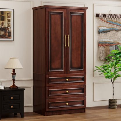 ADOUER WOOD Solid Wood 2-Door Wardrobe – Elegant with 3 Deep Storage Drawers – Traditional Bedroom Almirah with Gold-Tone Hardware