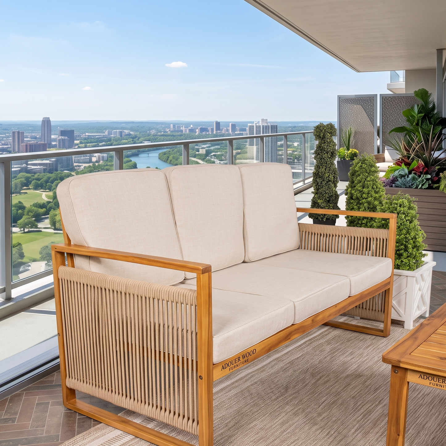ADOUER WOOD Coastal Modern 3-Seat Outdoor Sofa – Natural Acacia Wood & Wrapped Rope Accent
