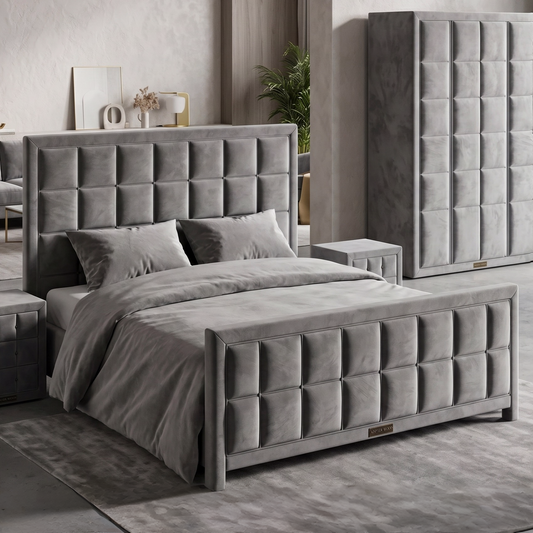 Adouer Wood Luxury Upholstered King Bed – Elegant Tufted Grid Design