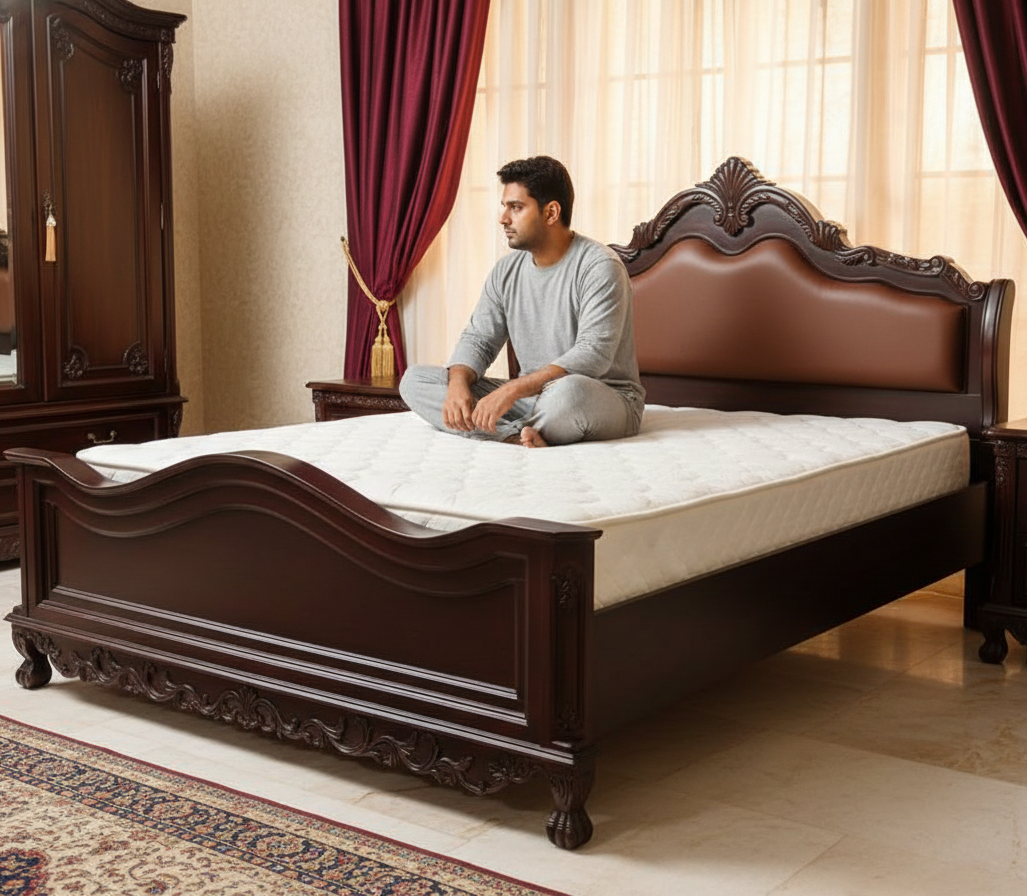 ADOUER WOOD Victorian Heritage Luxury Carved Bed with Premium Leatherette Cushioned Backrest