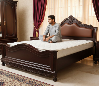 ADOUER WOOD Victorian Heritage Luxury Carved Bed with Premium Leatherette Cushioned Backrest