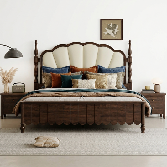 Adouer Wood Vintage-Inspired Scalloped Headboard Solid Wood Bed