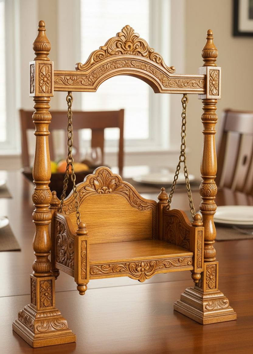 Minimalistic Hand-Carved Teak Wood Jhula for Laddu Gopal -Wooden Swing with Chains and Velvet Seating