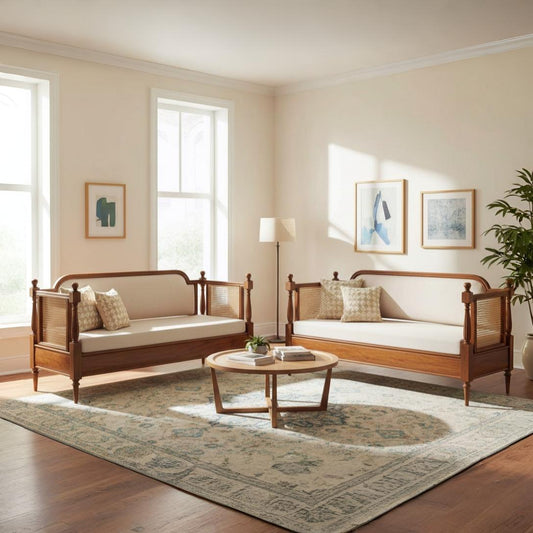 ADOUER WOOD Solid Wood 2-Seater Sofa with Hand-Woven Cane Details – Vintage Finish