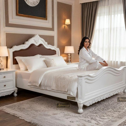 ADOUER WOOD Victorian Heritage Luxury Carved Bed with Premium Leatherette Cushioned Backrest