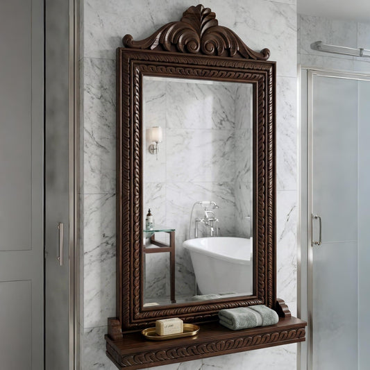 ADOUER WOOD Hand-Carved Solid Wood Full-Length Mirror with Built-in Display Shelf