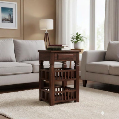 Sheesham 2-Tier Bed Side Table , Narrow End Side Table, Space-Saving Slim Night Stand with Shelf and Drawer Storage