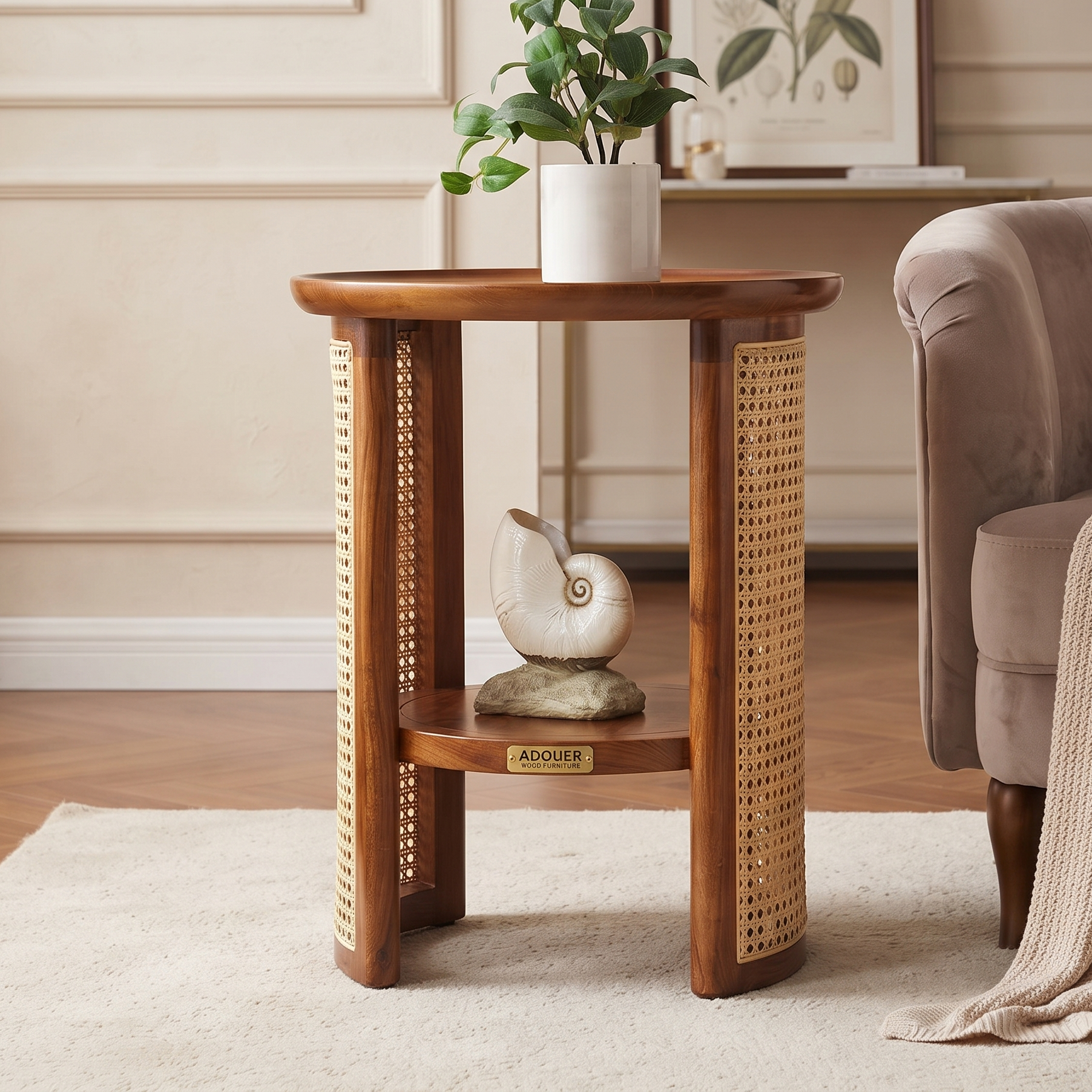 A wooden side table with woven cane panels on a light rug in a living room setting, styled with a potted plant and a decorative shell.