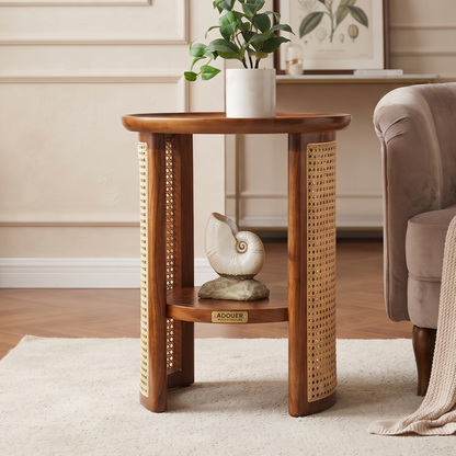 A wooden side table with woven cane panels on a light rug in a living room setting, styled with a potted plant and a decorative shell.