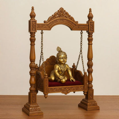 Minimalistic Hand-Carved Teak Wood Jhula for Laddu Gopal -Wooden Swing with Chains and Velvet Seating